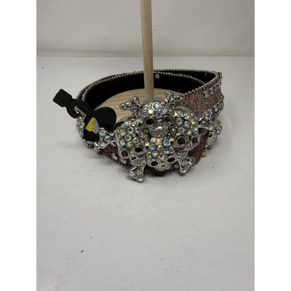 Rhinestone Western Belt Skull Brown Silver Clear Stone Unisex Size M New Leather